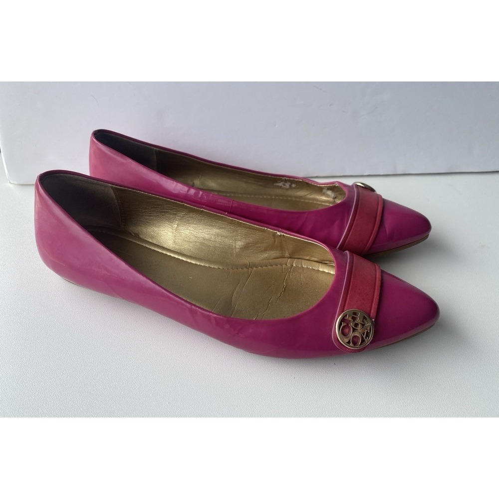 Coach Odina Pointed Toe Flats Hot Pink Leather Gold Medallion Womens Size 9 B